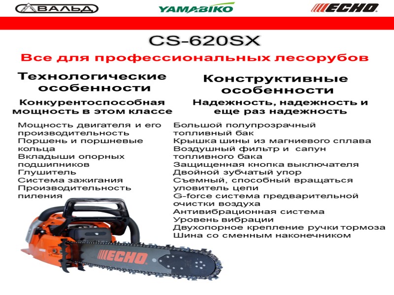 CS-620SX Все для профессиональных лесорубов Технологические  особенности Конструктивные  особенности Мощность двигателя и